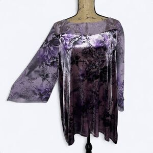 Level Eight Plus Purple Floral Velvet Top Sz 2X? Embellished Witchy Fairy Grunge